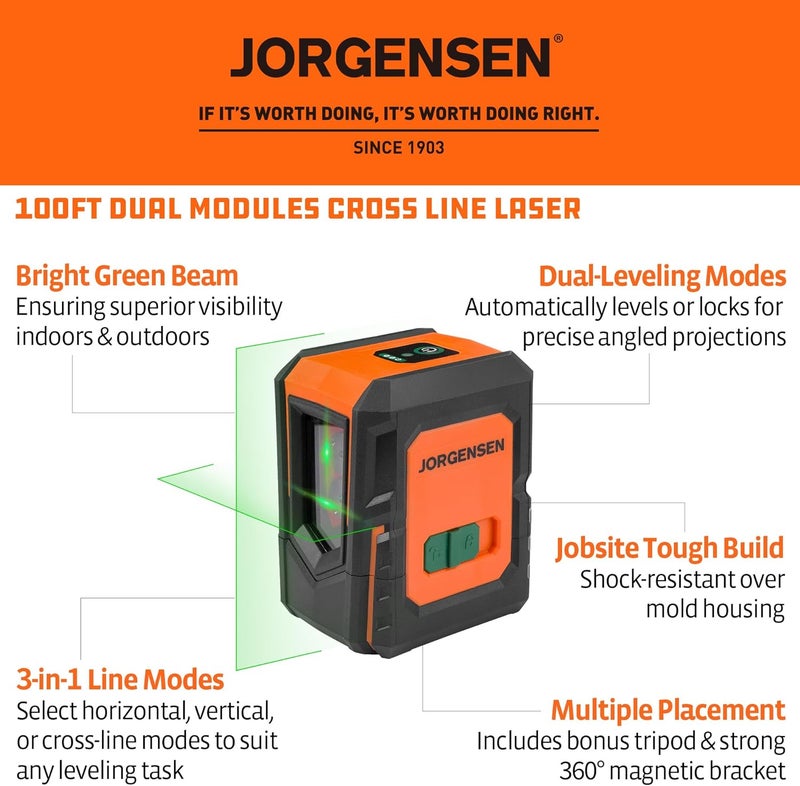 Jorgensen Laser Level with Tripod, 100 FT Dual Modules Self Leveling Cross Line Laser Leveler Tool with 360° Magnetic Base, Green Laser Level for Picture Hanging, Tile, Home Renovation, Indoor Project - Image 2